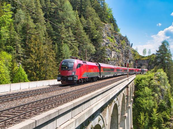 Roter Zug fährt über Brücke, Wald im Hintergrund